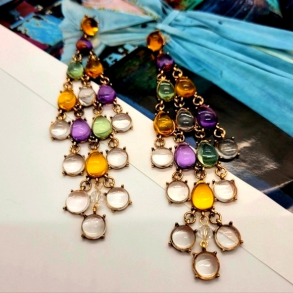 NWT Bohemian Colorful Crystal Dangle Gold Chandelier Earrings - Picture 12 of 15